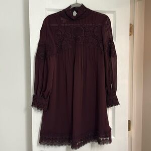 Wine color sheer sleeve knee length dress by Ted Baker